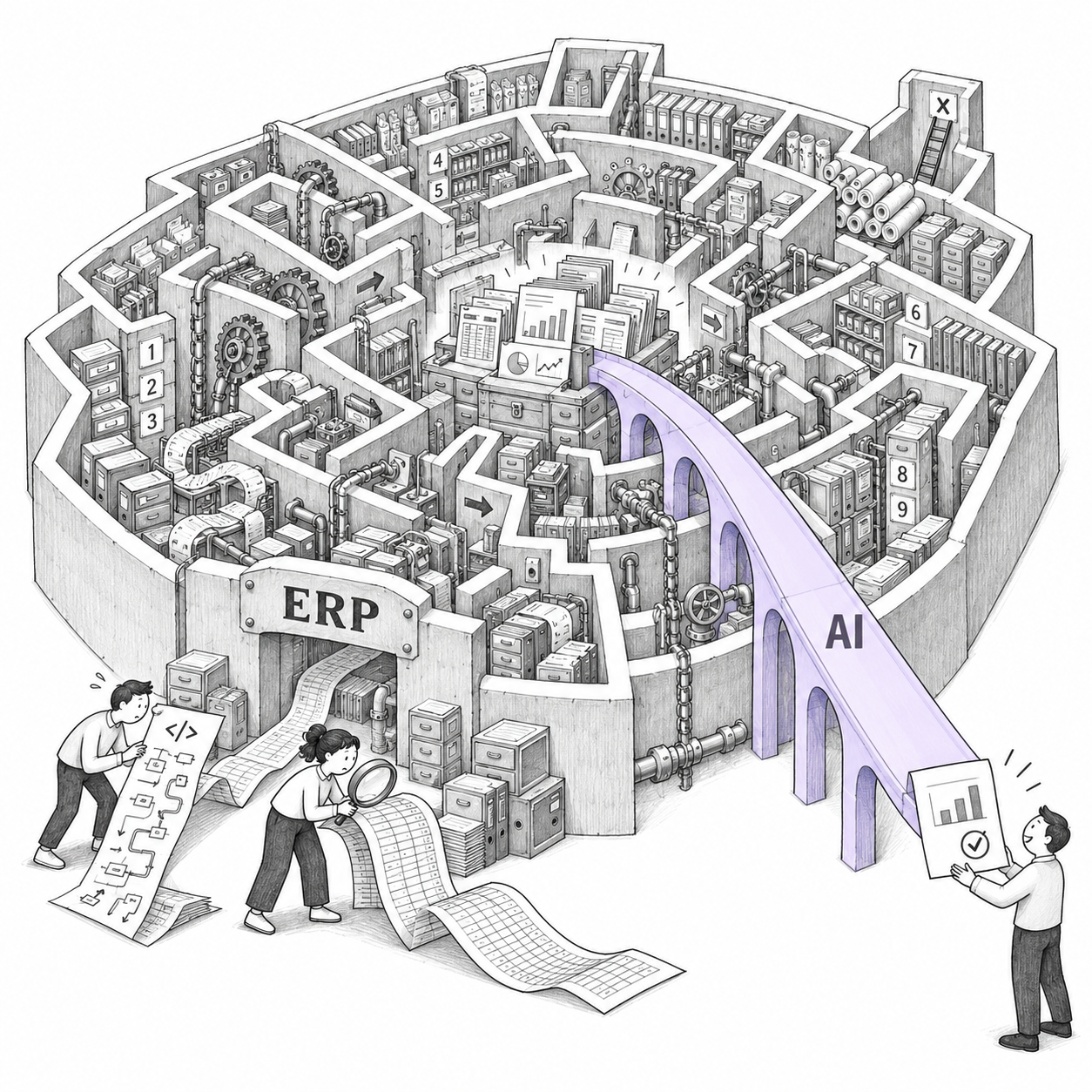 An AI bridge creating a direct path through a complex ERP maze.